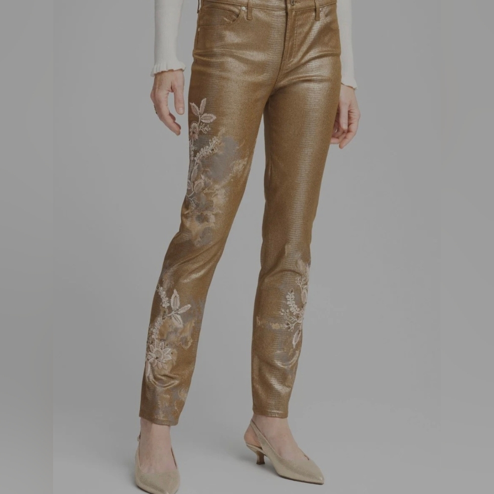 Chicos Gold Foil Embroidered Pants 32.5×26.5